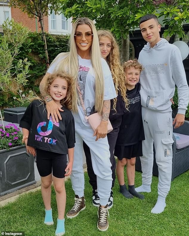 Kieran and Katie share two children, Jett, 10, and Bunny, nine. She is also mother to Junior, 18, and Princess, 16, from her marriage to Peter Andre, and Harvey, 21, whose father is Dwight Yorke.