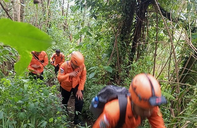 A 29-year-old Dutch woman and a 60-year-old Indonesian tourist have been dead for two months (pictured, Balinese rescue workers on Mount Agung)