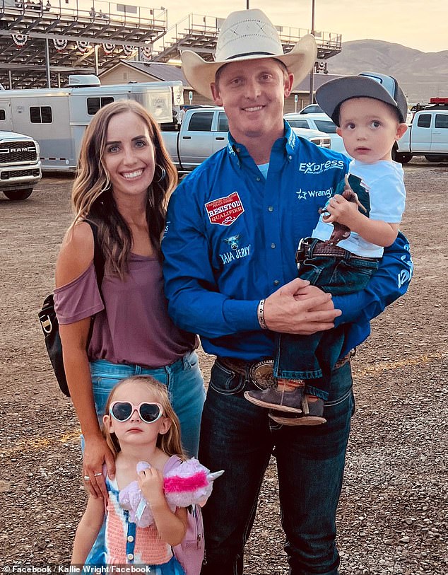 Levi photographed in the arms of his father, rodeo star Spencer Wright, holding a plastic dinosaur with his mother, Kallie and older sister in the beautiful family photo.