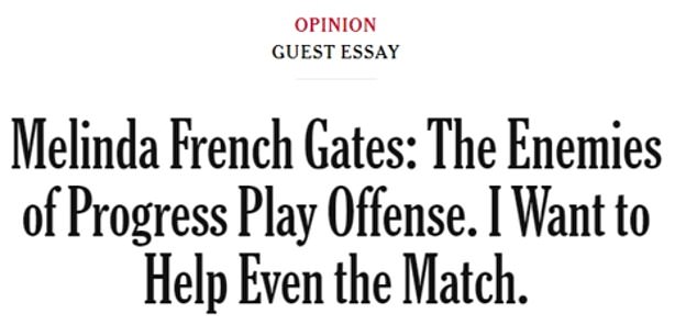 In a New York Times op-ed, Melinda said she is leaving the foundation she co-founded to focus on her own agenda, which has gender equality as a top priority.