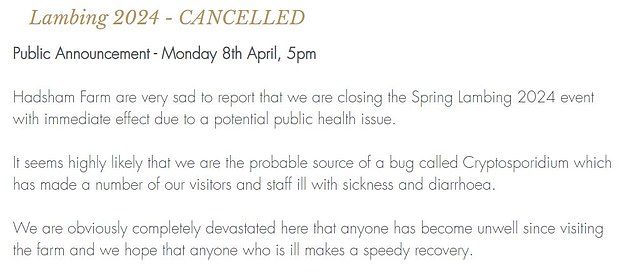Hadsham Farm's lambs were found to have tested negative for cryptosporidiosis, but they closed the lambing event as a precaution.