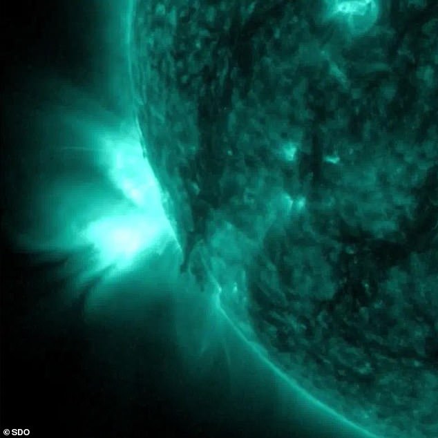 The flare first came from the former sunspot region AR3664, the same location as the May 10 storm, the first of its kind in 21 years. Pictured: Active region of the sun that emits solar flares.