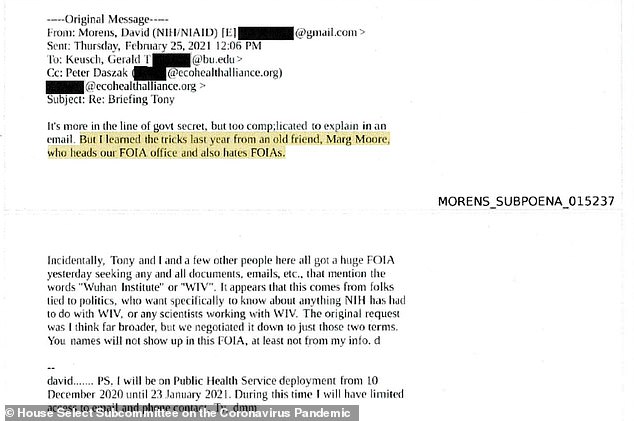 Morens claimed that he learned how to avoid FOIA scrutiny from Margaret Moore, who previously worked at the NIH's National Institute of Allergy and Infectious Diseases (NIAID).