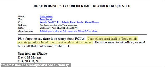 Morens suggested to Daszak that he could send information to Fauci's personal email or deliver it personally to avoid transparency laws.