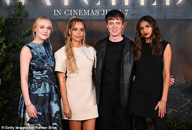 Dakota appeared in high spirits throughout the night as she was seen posing confidently on the red carpet with fellow stars Georgina Campbell, Oliver Finnegan and director Ishana Shyamalan (left to right).