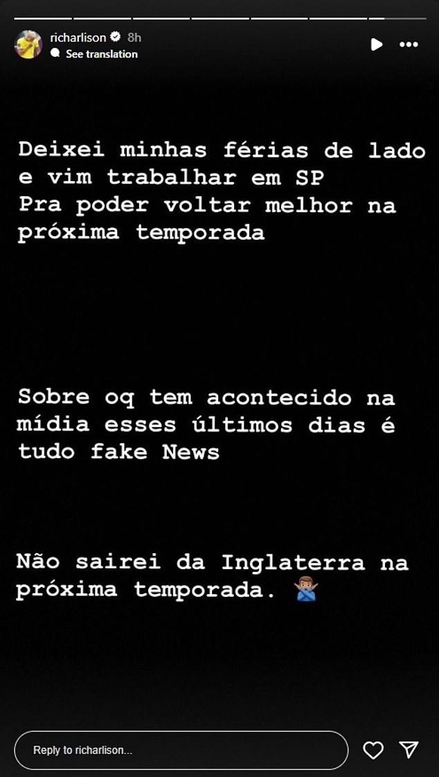 The Brazilian took to Instagram to reveal that he plans to stay at the north London club.