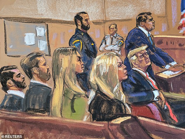 It was family and friends day for Trump with (from left) Don Jr., Eric Trump, Lara Trump and Tiffany Trump sitting behind him in the courtroom.