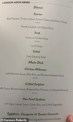 The business class menu on board