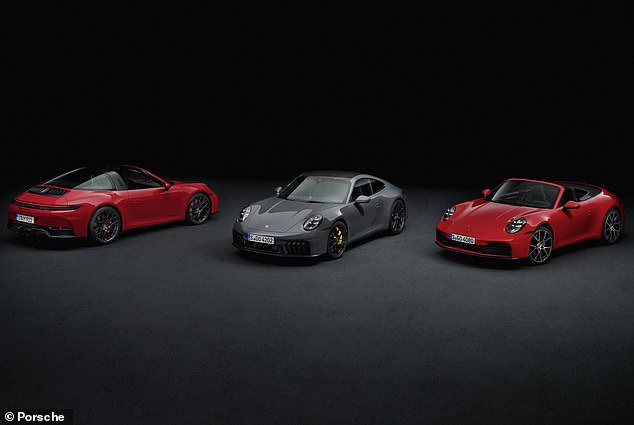 The 911 Carrera GTS hybrid will be available in three body options: Cabriolet (left), Coupé (center) and Targa (right). GTS Coupe prices start from £132,600