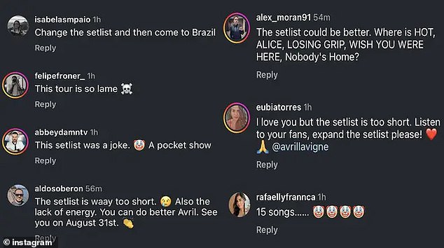 Lavigne has been adding to the setlist seemingly in response to backlash in her comments section on Instagram after fans talked about the length of her show.