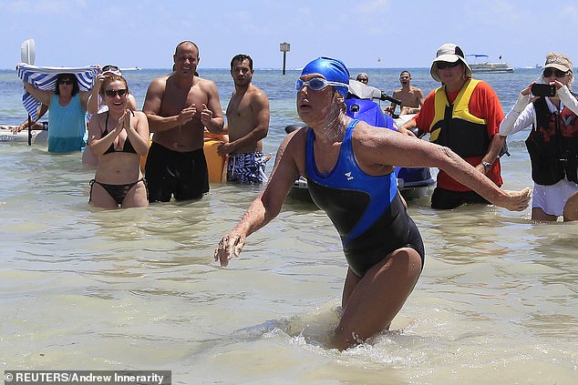 It's been a year since Diana's 110-mile journey across the Straits of Florida at age 64 in 2013 (pictured) was depicted in the critically acclaimed Netflix biopic Nyad, starring Annette Bening.