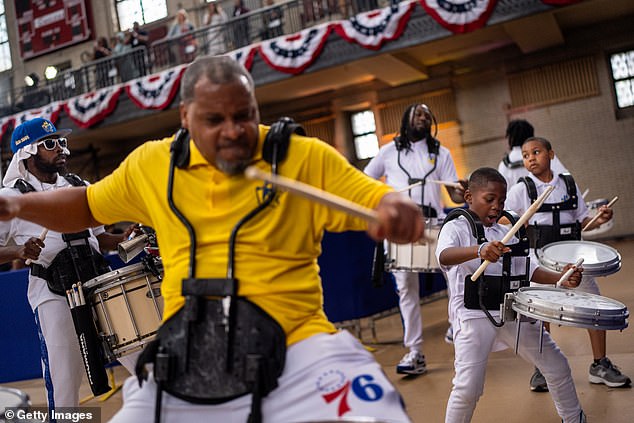 The 76ers Sixers Stixers drum lines perform before President Joe Biden and Vice President Kamala Harris appear in Philadelphia on Wednesday to launch Black Voters for Biden-Harris.