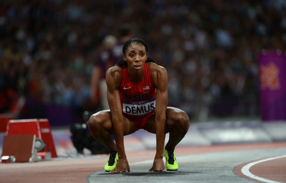 Lashinda Demus of the United States reacts after competing in the women's 400-meter hurdles final at the London 2012 Olympic Games athletics event on August 8, 2012 in London. AFP PHOTO / OLIVIER MORIN (Photo credit should read OLIVIER MORIN/AFP/GettyImages)