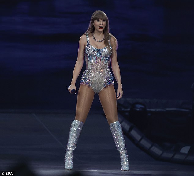 American singer Taylor Swift performs on stage on the occasion of her concert 'The Eras Tour' at the Santiago Bernabeu stadium in Madrid, Spain, on May 29, 2024.