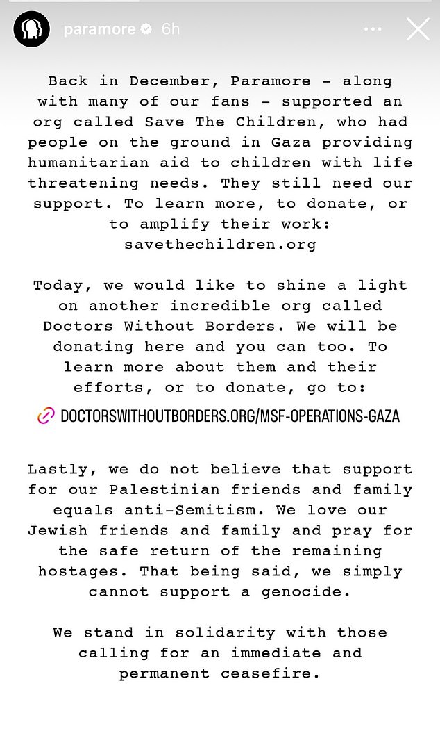 Paramore, who is currently opening for Swift on her Era's Tour, asked fans to support Gaza, further increasing the pressure on the musician to also comment.