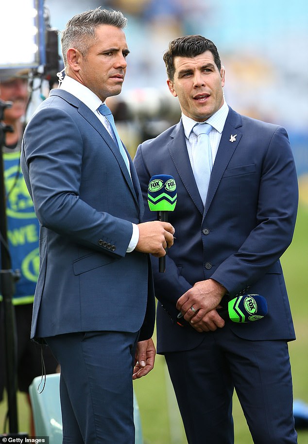 Parker has successfully transitioned to football commentator with Fox League (pictured left, with former teammate Michael Ennis)