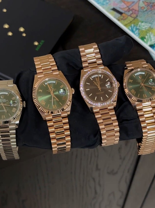 The video showing his watch room goes on to show these gold Rolex watches.