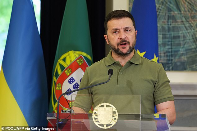 More than two years after the deadliest war in Europe since World War II, Western allies are debating how to stop Russian military advances, as Putin increasingly raises the risk of global war. Pictured is Ukrainian President Volodymyr Zelensky on a trip to Portugal this week.