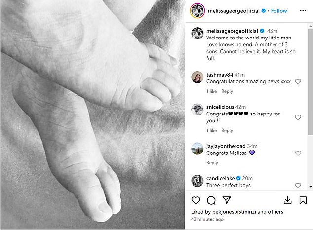 The Home and Away actress took to Instagram in March to reveal that she had given birth to a baby boy, posting a black and white photo of the new arrival's feet.