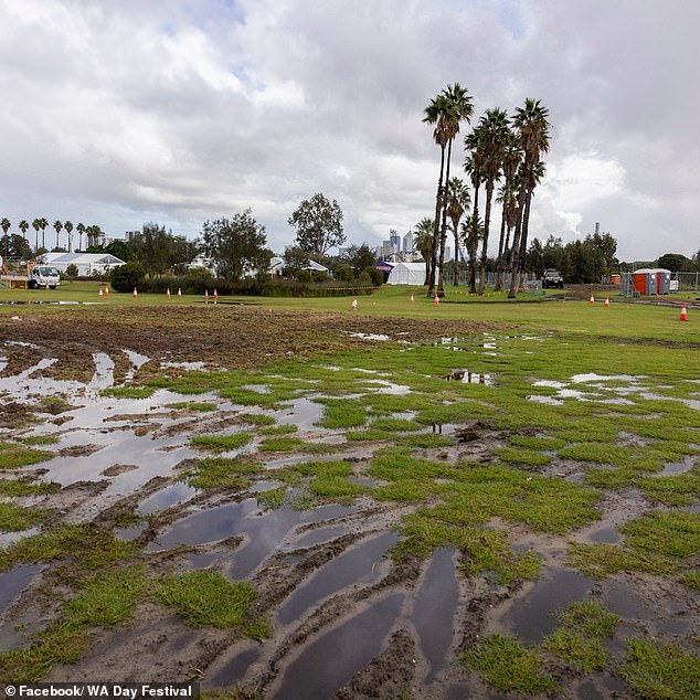 Images of the park show how it resembles a quagmire, with large puddles of mud scattered across the sodden fields.