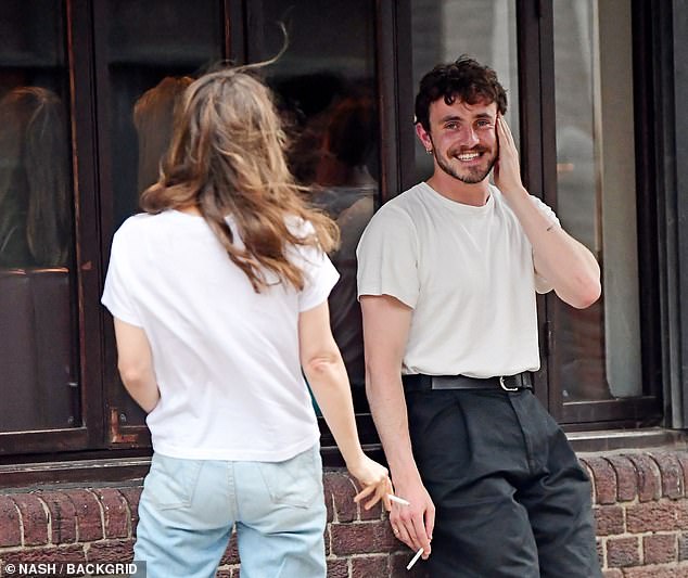 The actors, who met last year when interviewed for Variety magazine, looked in high spirits as they went out for a cigarette.