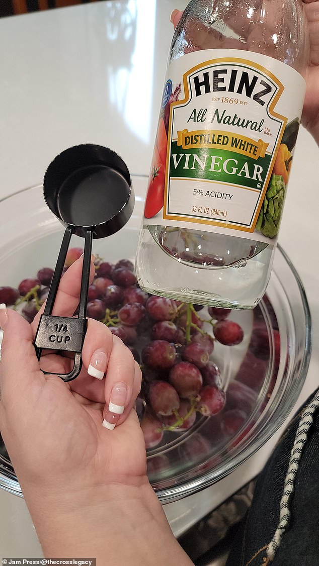 Amy rinses her fruits and vegetables with water and then white vinegar for a deep clean.