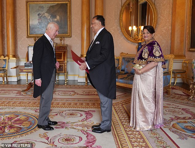 Rohitha Bogollagama, High Commissioner to the Democratic Socialist Republic of Sri Lanka, presents his credentials to King Charles today, accompanied by his wife Deepthi Bogollagama, during a private audience at Buckingham Palace in London.