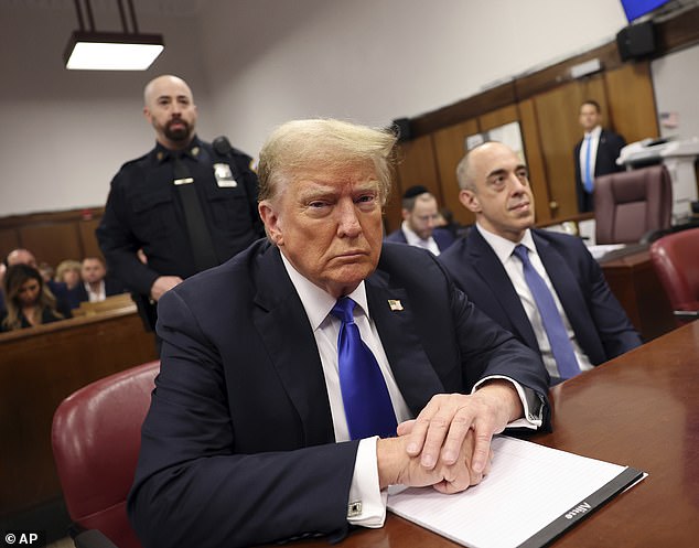 Donald Trump (pictured in court today) faces 34 felony counts of falsifying business records, charges punishable by up to four years in prison. He denied all wrongdoing and pleaded not guilty.