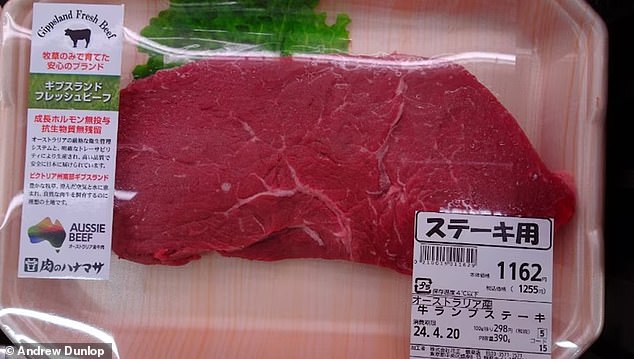 The Australian tenderloin steak was photographed for sale in a Tokyo supermarket on April 20 this year at 298 yen per 100g, around $28.90 per kg. The same product sells for up to $40 a kilo at Woolworths.