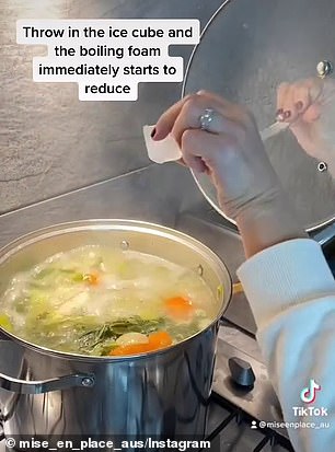 Anita Birges revealed that putting an ice cube in a pot about to overflow will stop it