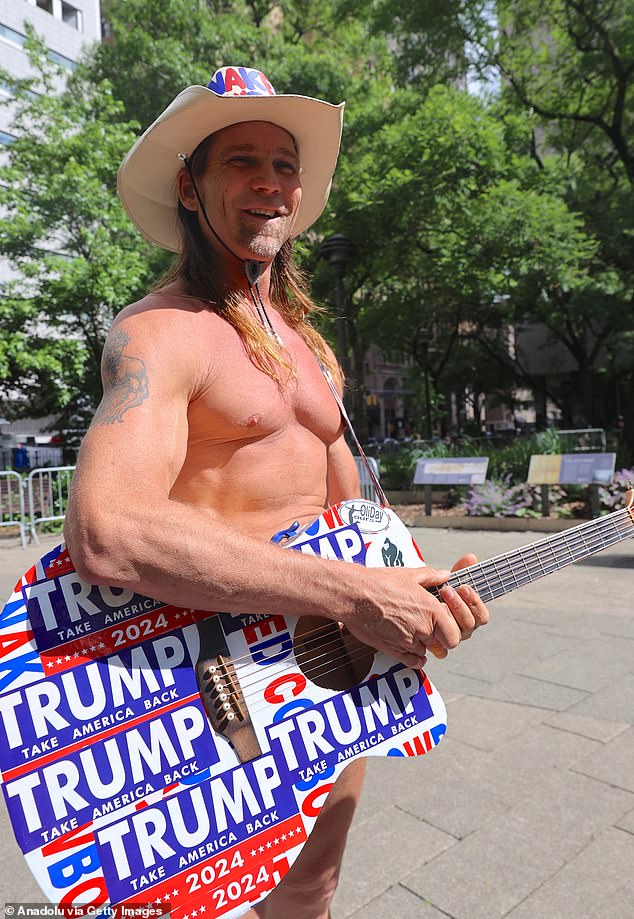 Street performer Naked Cowboy also appeared briefly to show his support for Trump outside the courthouse, telling DailyMail.com: Do I love Donald Trump? I hope he wins and makes this country prosperous again.