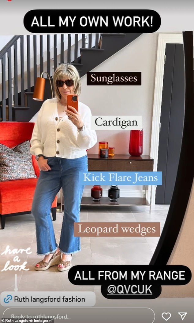 In another photo, Ruth showed off her playful side as she posed in a pair of thick sunglasses, a cream cardigan and blue jeans.