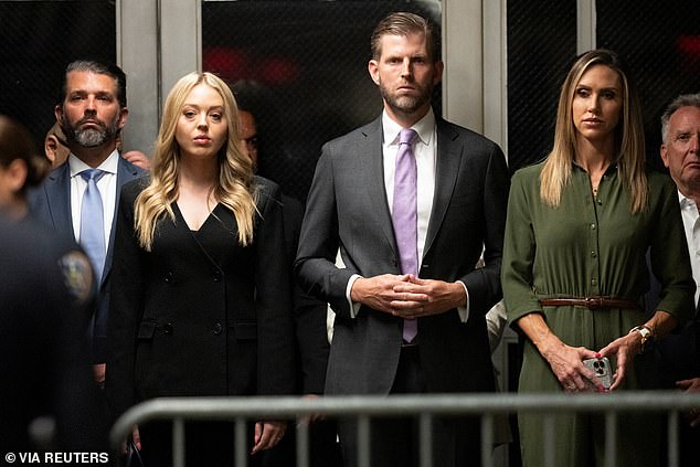 Donald Trump Jr., Tiffany Trump, Eric Trump and Lara Trump attend the trial of former US President Donald Trump at Manhattan Criminal Court in New York on May 28.