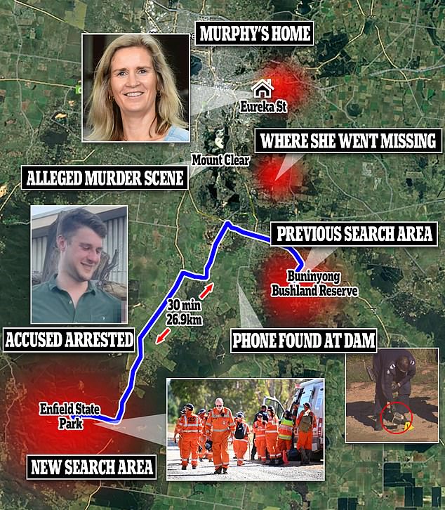 Daily Mail Australia understands police are still searching for Ms Murphy's missing watch and headphones, or a possible murder weapon (pictured, a map of previous search areas).