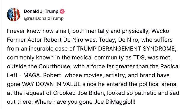 Former President Donald Trump reviewed Robert De Niro's performance outside of his hush money case overnight Wednesday on his Truth Social website.