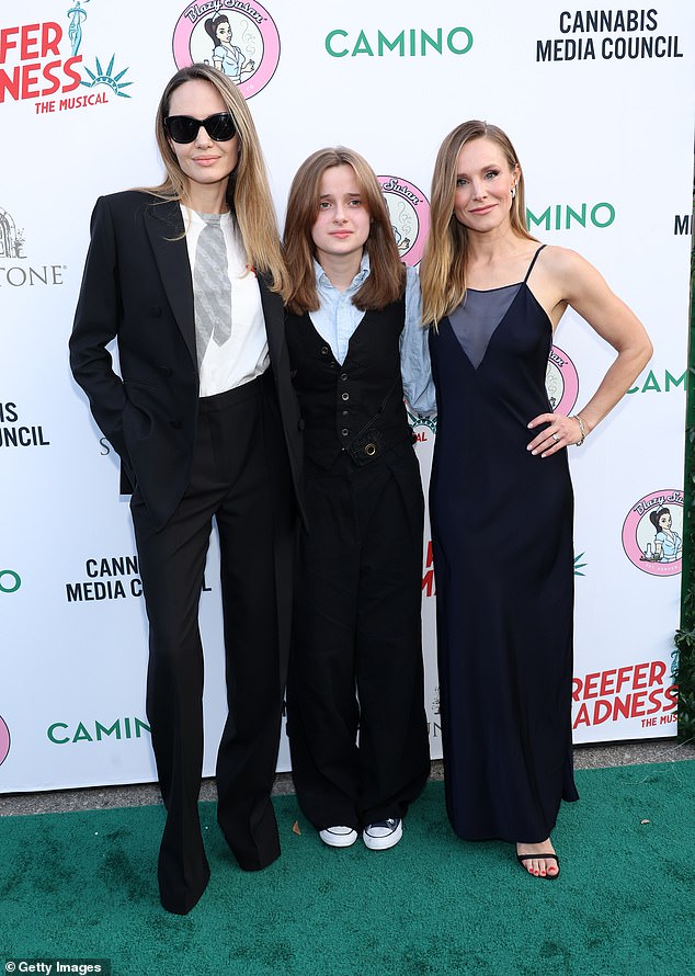 The Oscar winner, 48, and the teenager, one of the six children she shares with ex-husband Brad Pitt, posed for photos with Bell on the red carpet before the performance at The Whitley, located on the iconic Hollywood Blvd.