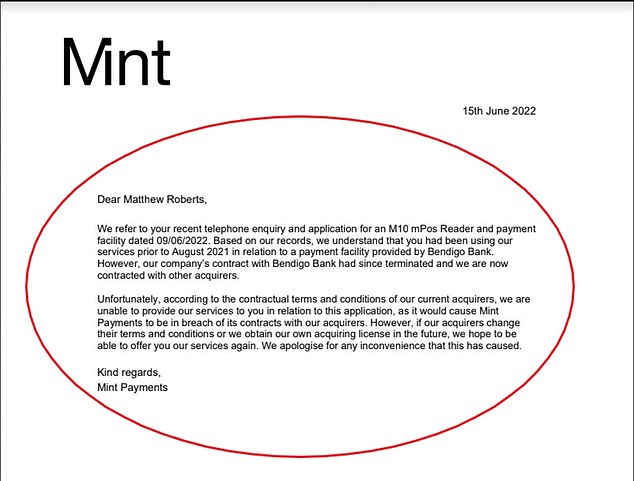 A letter from Mint Payments said: 