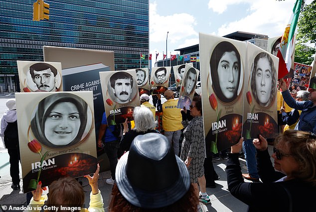 Iranians living in New York protest against the commemoration ceremony for the late Iranian President Ebrahim Raisi.