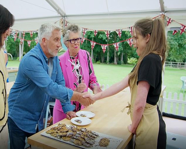 Alison has set a self-imposed limit of only tasting the winners' creations and those cakes that receive Paul Hollywood's famous handshakes (Paul giving a handshake).