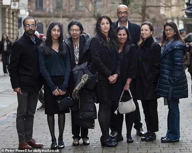 Amit Patel's wife Shivani is pictured with her family at the inquest into Professor Patel's death on Thursday. Pictured left to right: Alchil Tanna, Tia Patel, Nita Thakrar, Shivaji Tanna, Anisha Tanna, Elen Stritch and Jayshree Wakerja.