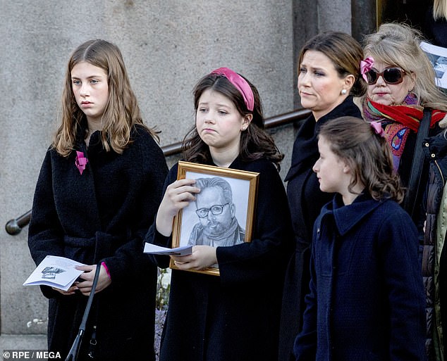 Maud Angelica Behn (center), Leah Isadora Behn (left) and Emma Tallulah Behn (right) leave Oslo Cathedral, January 3, 2020, after attending their father's funeral with their mother, Princess Märtha Louise (second back)