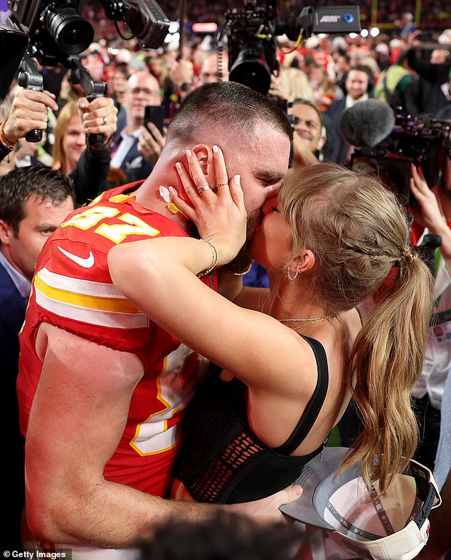 Taylor Swift (right) flew from Tokyo to Las Vegas to watch her boyfriend, Chiefs tight end Travis Kelce (left), win the Super Bowl in February. She kissed him after the game on the field.