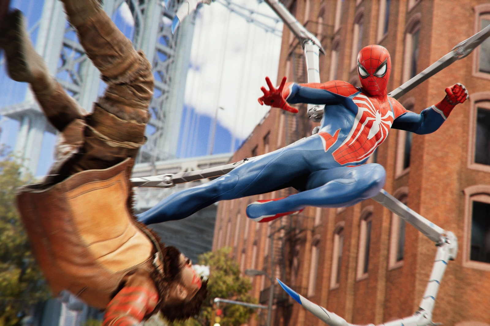 Screenshot from the game Marvel's SpiderMan 2 in which SpiderMan fights a villain.