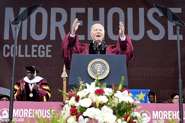 'It's natural to wonder if the democracy we hear about really works for you. What is democracy if they kill black men in the street? What is democracy if a trail of broken promises still leaves Black communities behind? (Above: Biden at Morehouse College.)