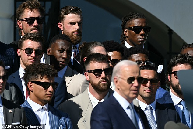 The Kansas City Chiefs kicker (top row, center) recently criticized Joe Biden in a speech.