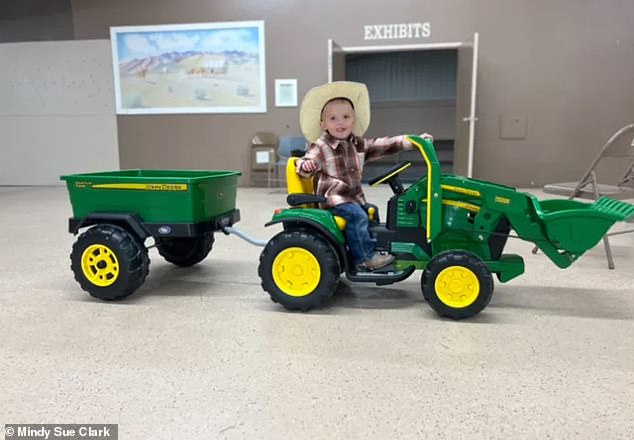 Levi escaped from his family on the toy tractor (pictured) and his mother reportedly dove into the river to save him after he disappeared under the currents.