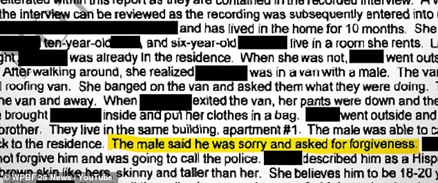 An excerpt from the arrest affidavit where it says the suspect said he was sorry and apologized to the girl's mother.