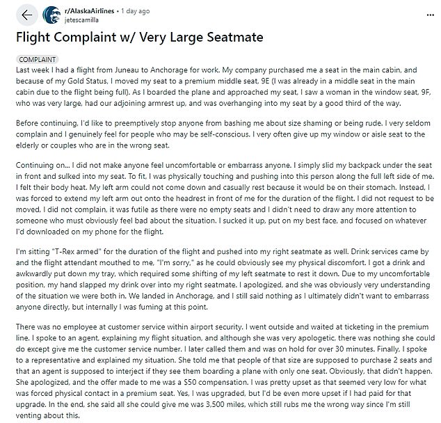 The anonymous woman took to Reddit to vent about her 'complaint' that arose on a recent trip from Juneau to Anchorage.