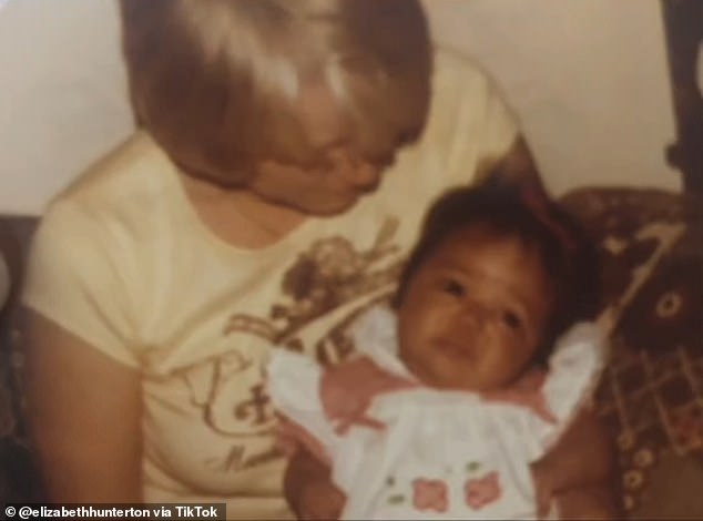 The 41-year-old said she always knew she was adopted (Pictured: Her adoptive mother (left) and Hunterton as a baby (right)