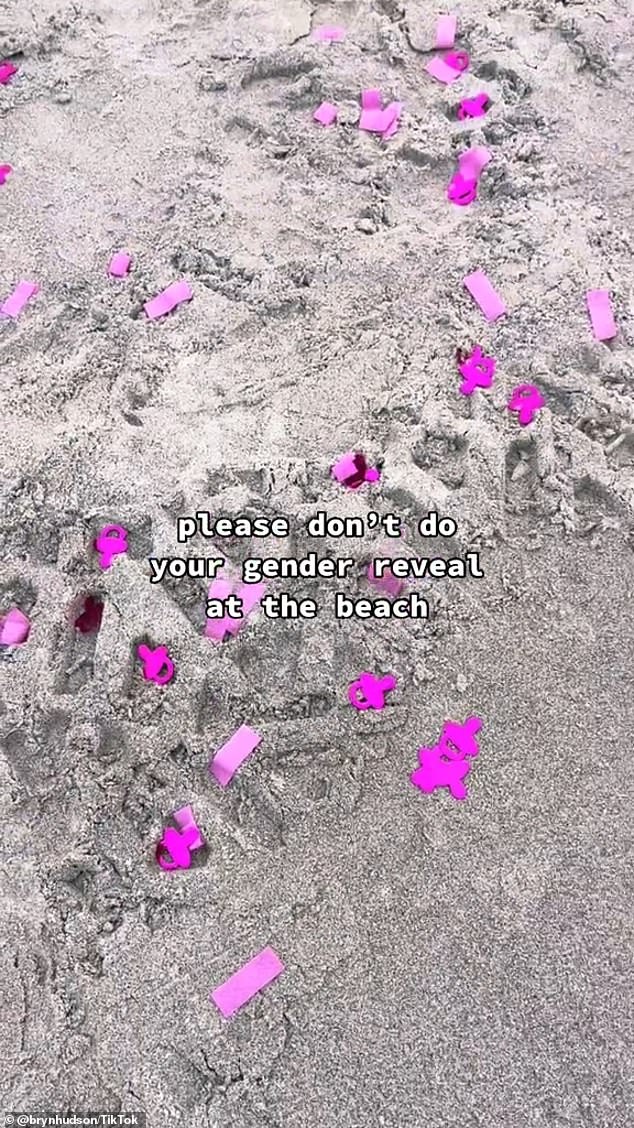 A video has resurfaced asking expectant parents not to throw confetti on the beach during their gender reveal parties (pictured).